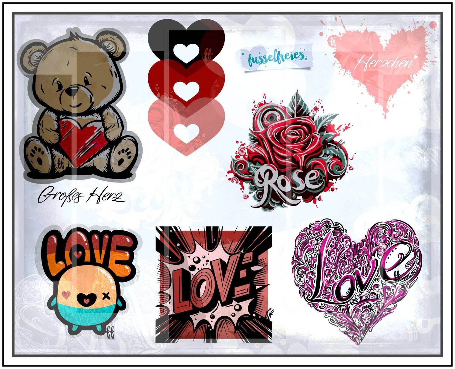 Valentine&#39;s Love Vol6 - Plotterdatei DXF SVG Valentinstag, Liebe, Emoji, Teddybär, Herz, Rose Fusselfreies