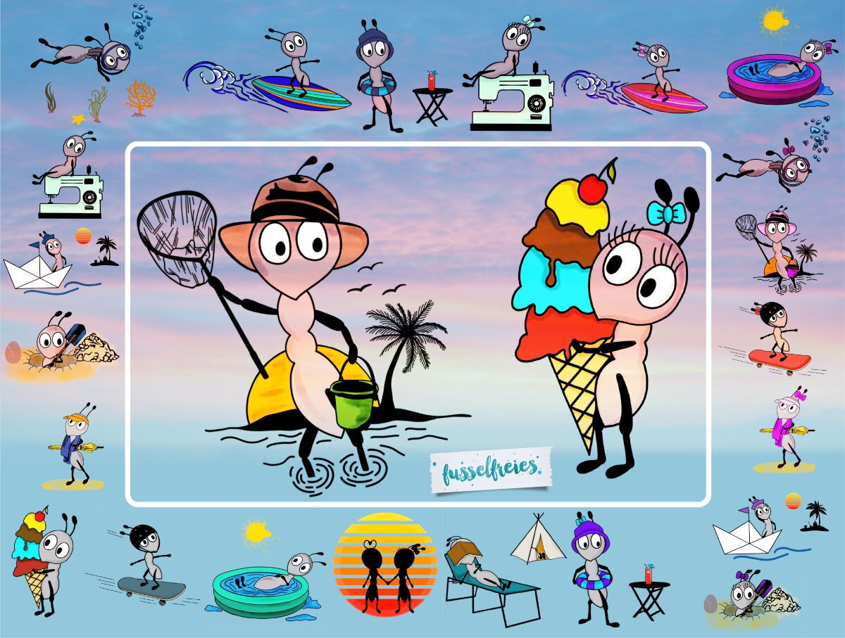 Anton &amp; Antonia im Sommer Plotterdatei DXF SVG Sommer, Sonne, Eis, Surfboard, Fusselfreies Ameise Ameisen
