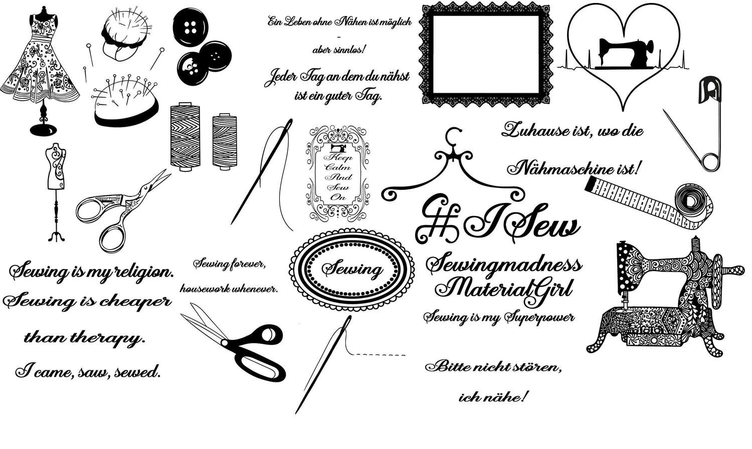 Design Serie Nähen und Schneidern Plotterdatei DXF SVG Fusselfreies Nähmaschine Garn Nadelkissen Nadel Faden Schneiderpuppe Maßband Herz Knopf