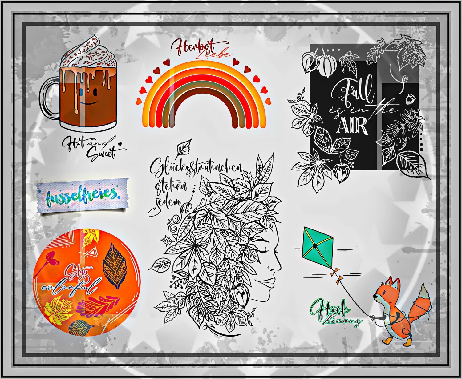 Herbst Zauber 2022 Plotterdatei DXF SVG Blätter, Regenbogen, Fuchs, Drachen, Sturm, Frauen Portrait,  Heiße Schokolade  von Fusselfreies