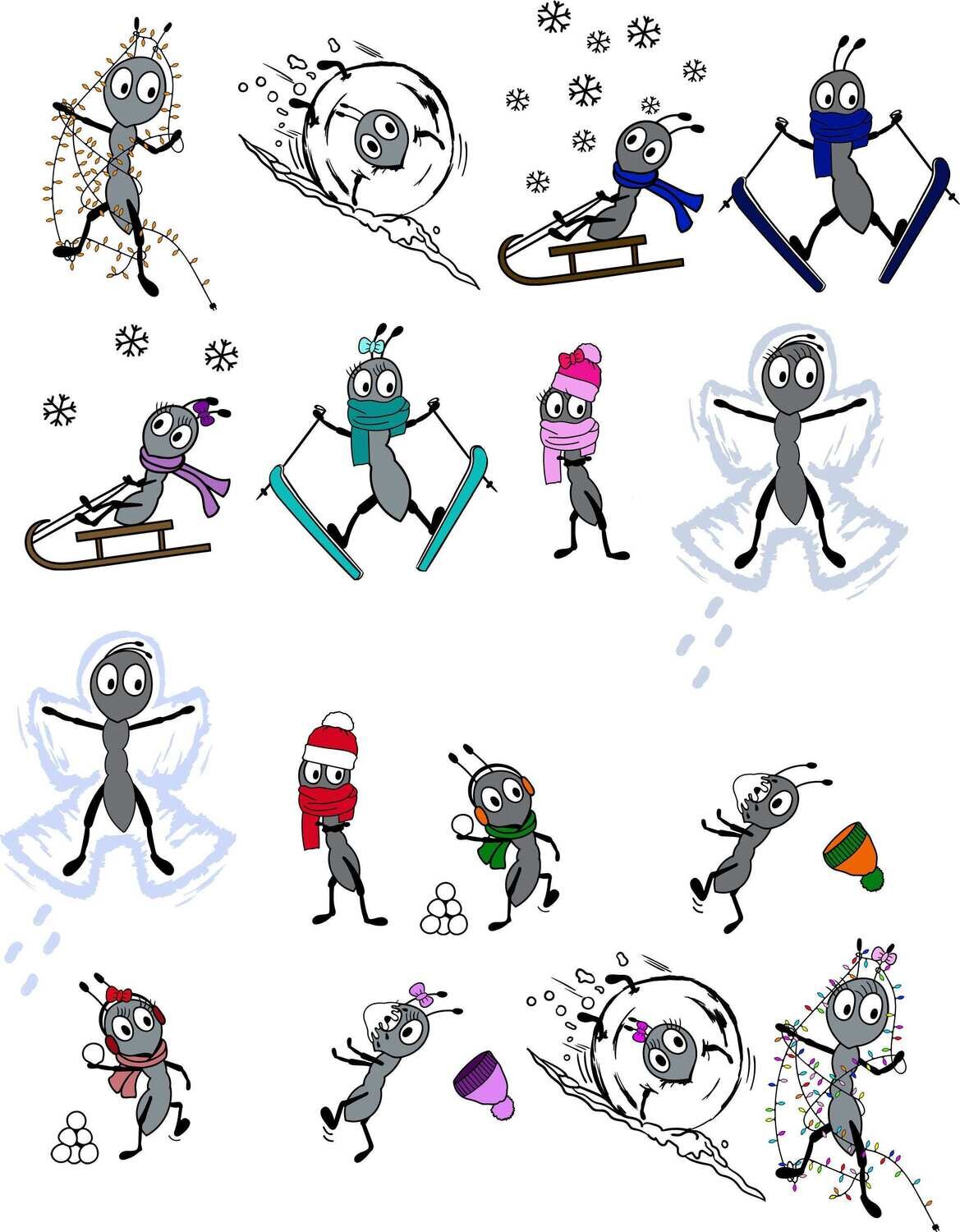 Anton &amp; Antonia Winter Edition Plotterdatei DXF SVG Fusselfreies Ameisen Winter Weihnachten Schneeball Schlitten Ski Skier Schal Mütze Schnee Engel