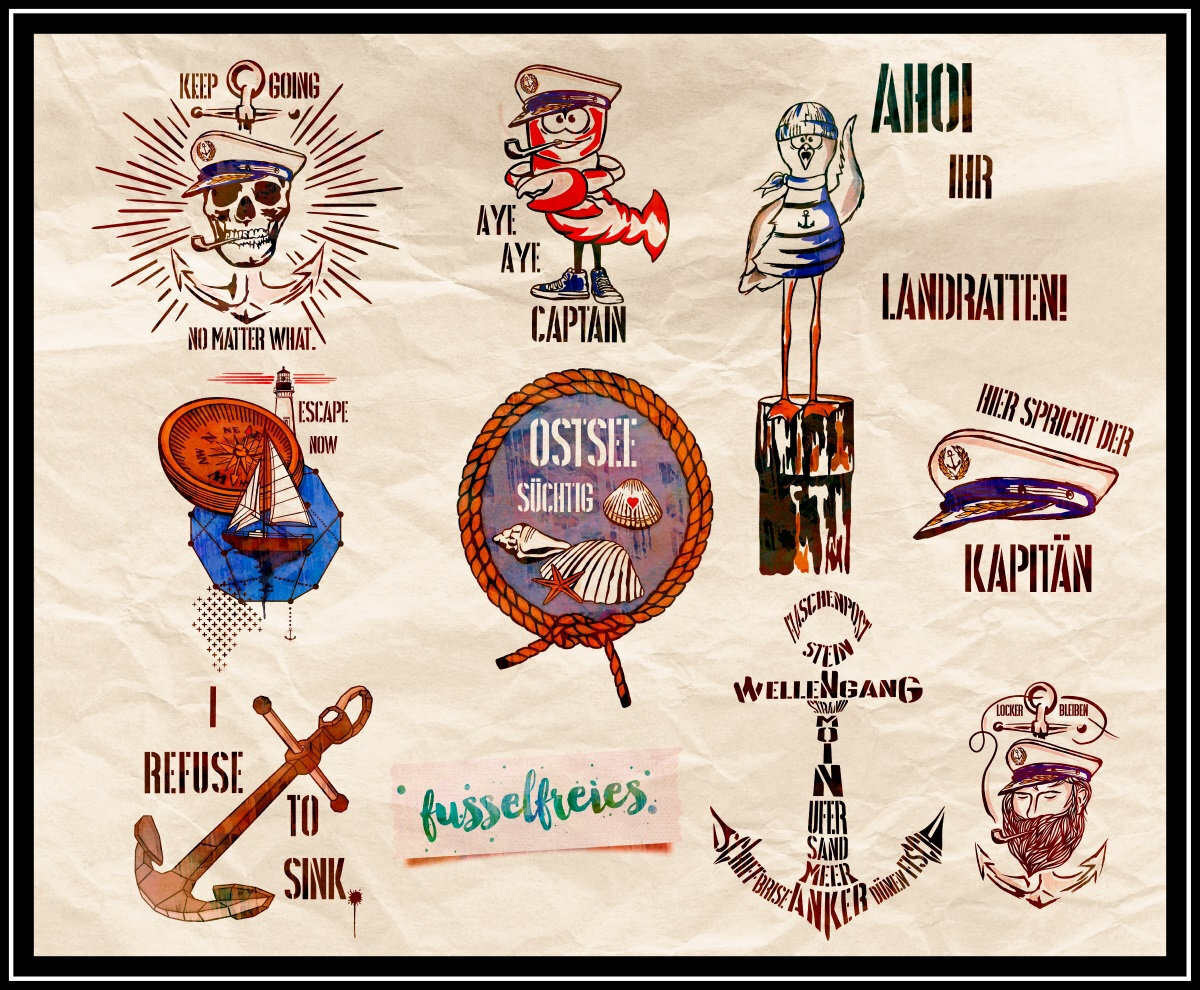 Maritim Vol5 - Plotterdatei DXF SVG Anker, Seemann, Krabbe, Totenkopf, Muscheln, Möwe, Segelschiff, Leuchtturm, Seebär, Seil von Fusselfreies