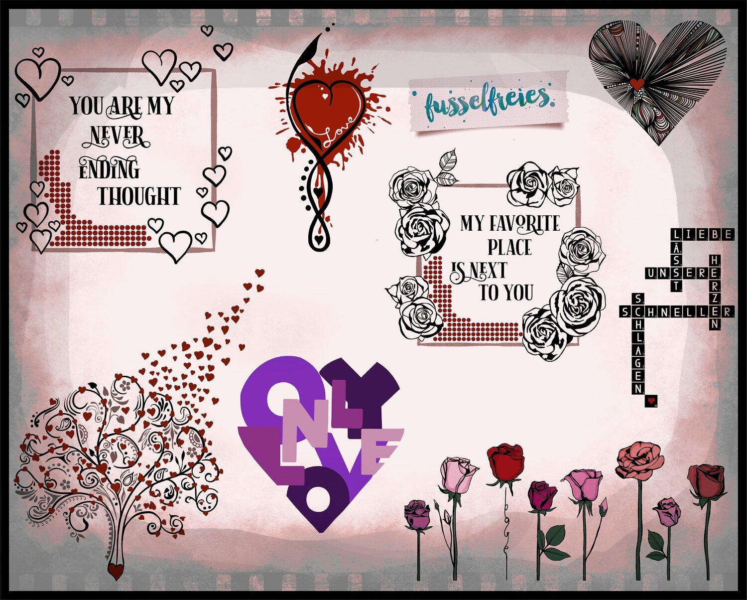 Valentine&#39;s Love Vol3 Plotterdatei DXF SVG PNG Liebe, Herz, Lebensbaum, Blumen Rahmen, Rosen Plotterdatei DXF SVG Fusselfreies