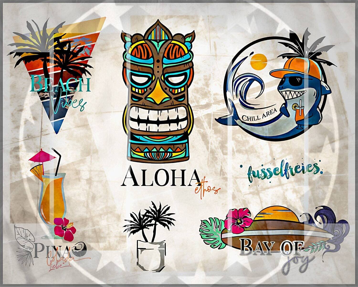 Aloha Beach 2022 Plotterdatei DXF SVG Hai,Strand,Sonne, Sommer, Palmen, Tiki Maske, Pina Colada, Surfboard, Surfen, Sonnenschein, Cocktail