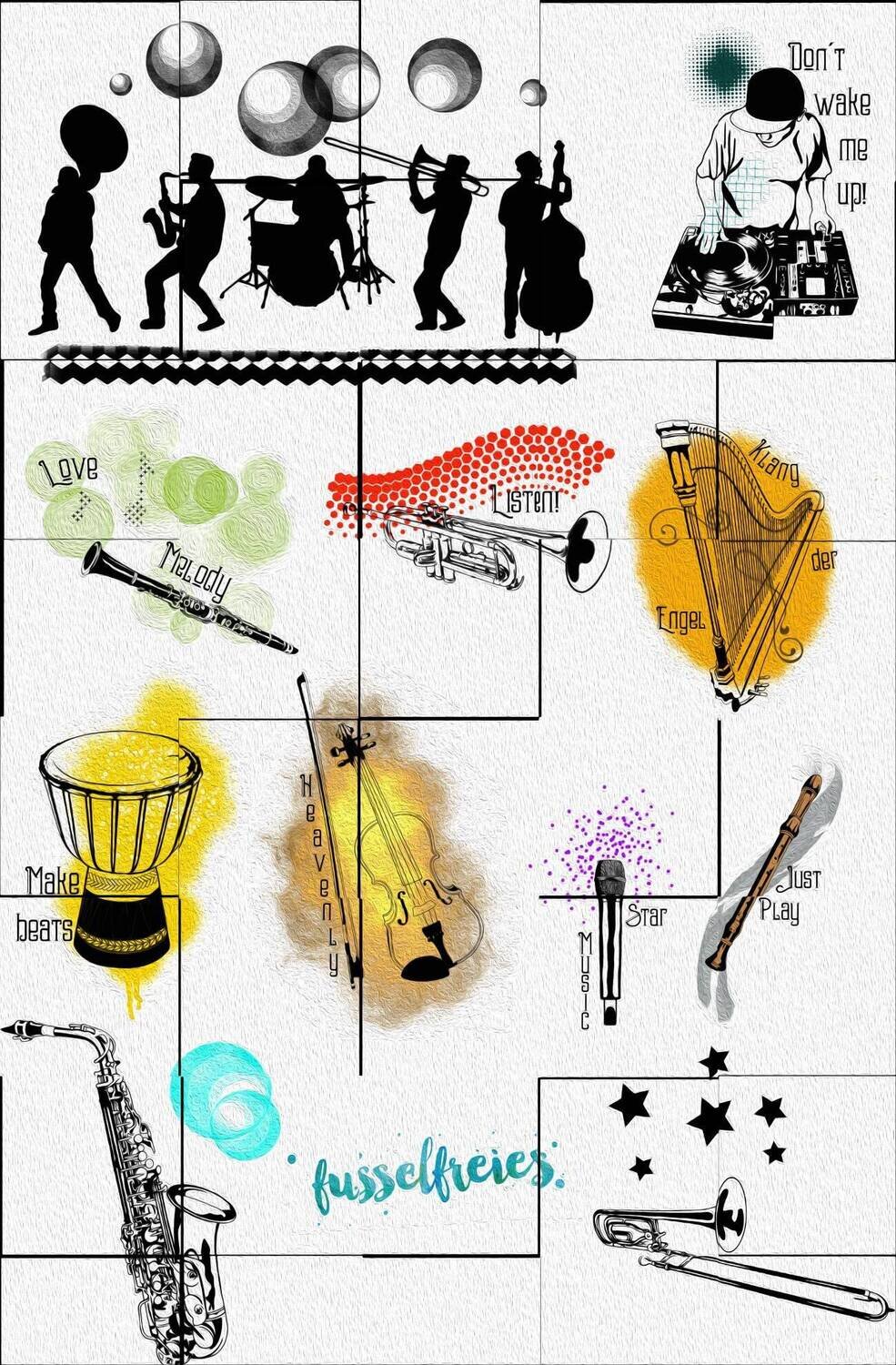 Music Love Vol 2 Plotterdatei DXF SVG DJ, Saxophone, Violine, Geige, Flöte, Querflöte, Posaune, Mikrofon, Orchester, Klarinette, Harfe, Trompete, Trommel von Fusselfreies