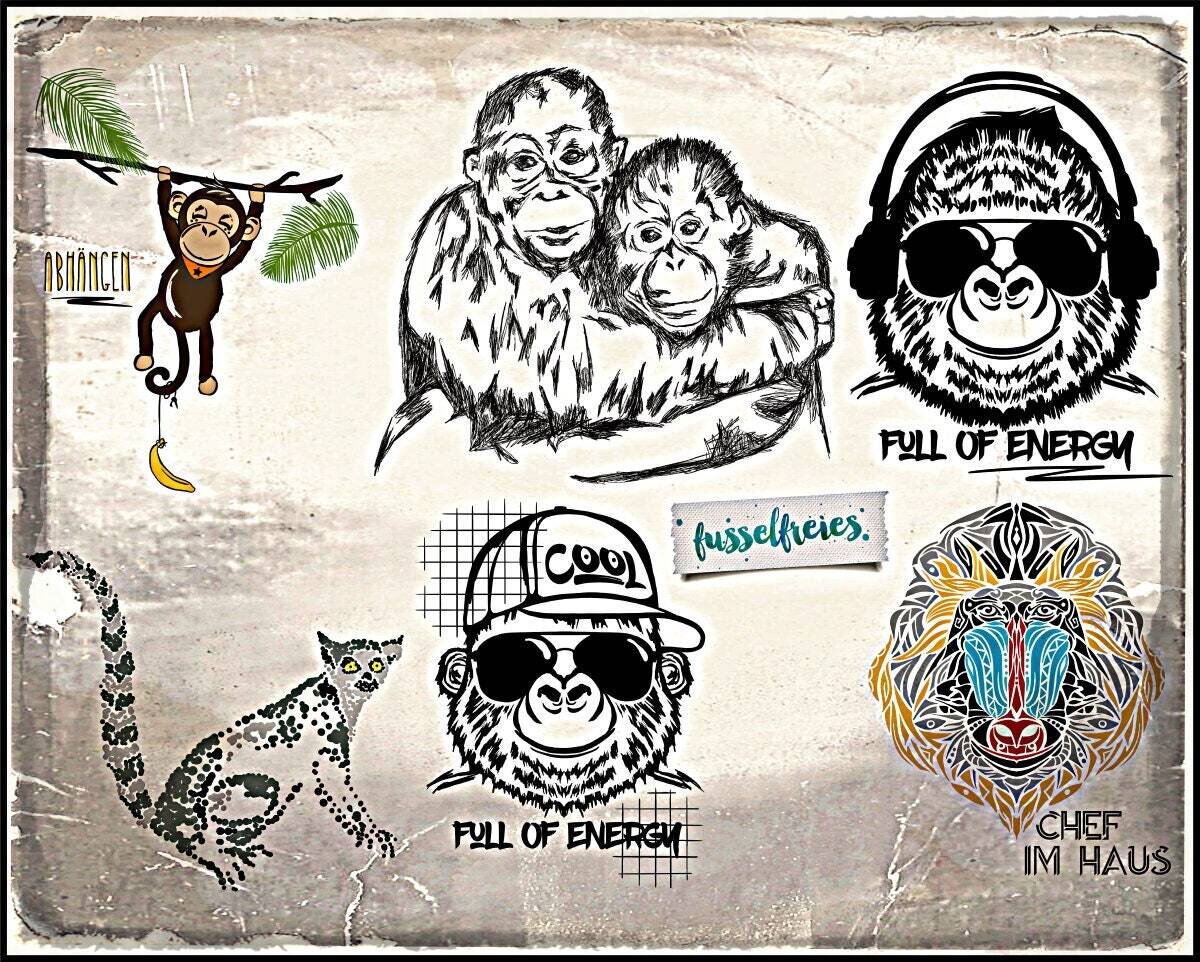 Design Affen Parade - Gorilla, Pavian, Orang Utan, Katta, Schimpanse Plotterdatei DXF SVG von Fusselfreies