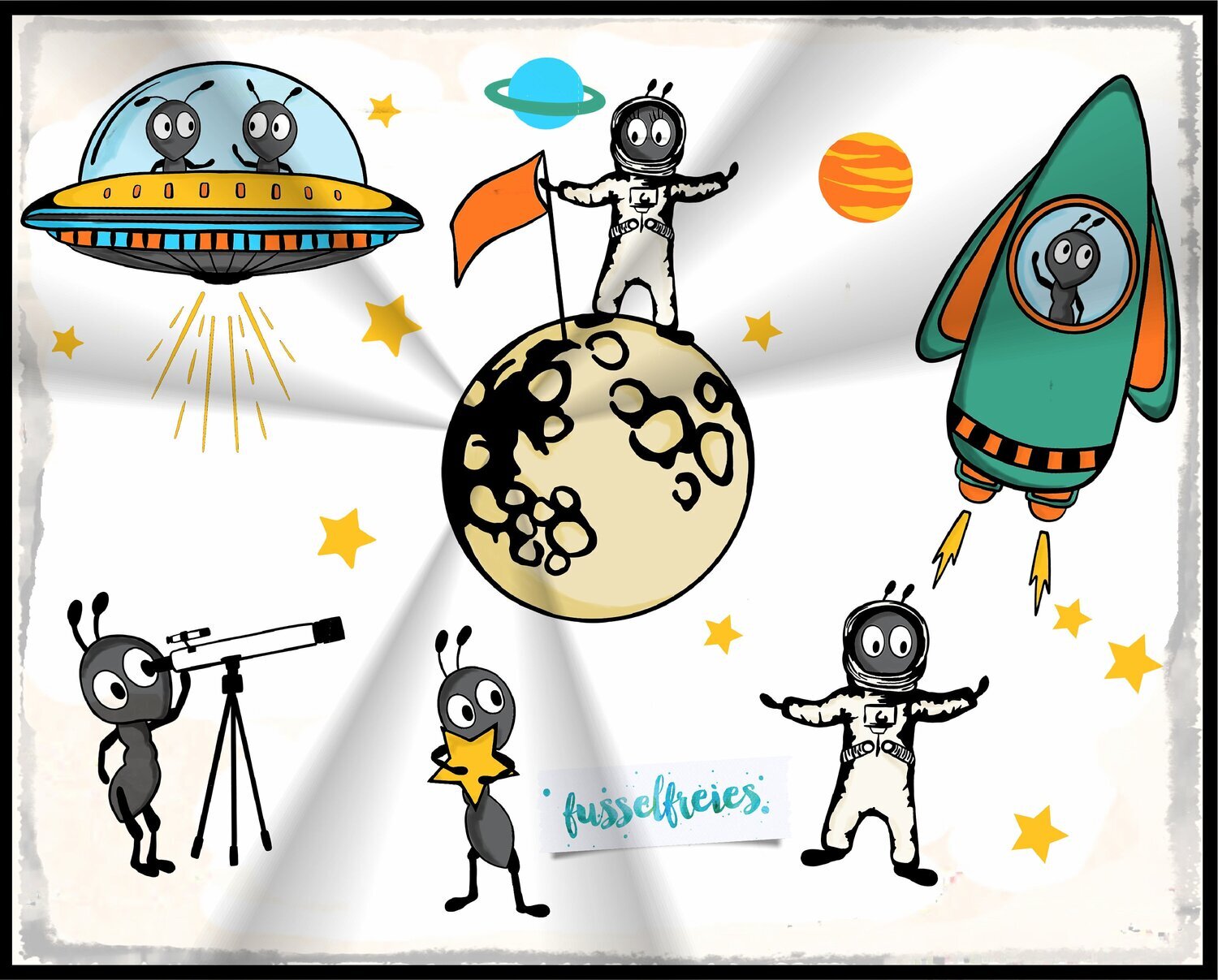 Anton &amp; Antonia im Weltall - Plotterdatei DXF SVG Weltraum Comic, Mond, Rakete, Planeten, Sterne, UFO, Die lustigen Ameisen von Fusselfreies