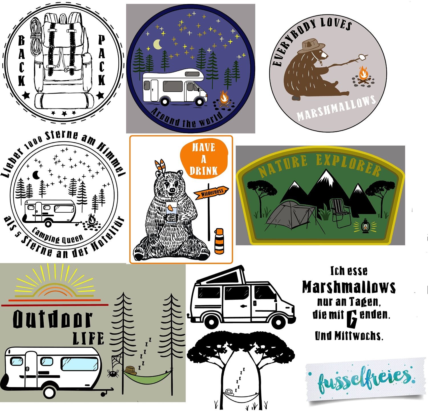 Design Serie Camping &amp; Outdoor Wildlife Plotterdatei DXF SVG Fusselfreies Campen Wohnwagen Wohnmobil Bär Hängematte Rucksack Marshmallow Zelt Berge DXF SVG