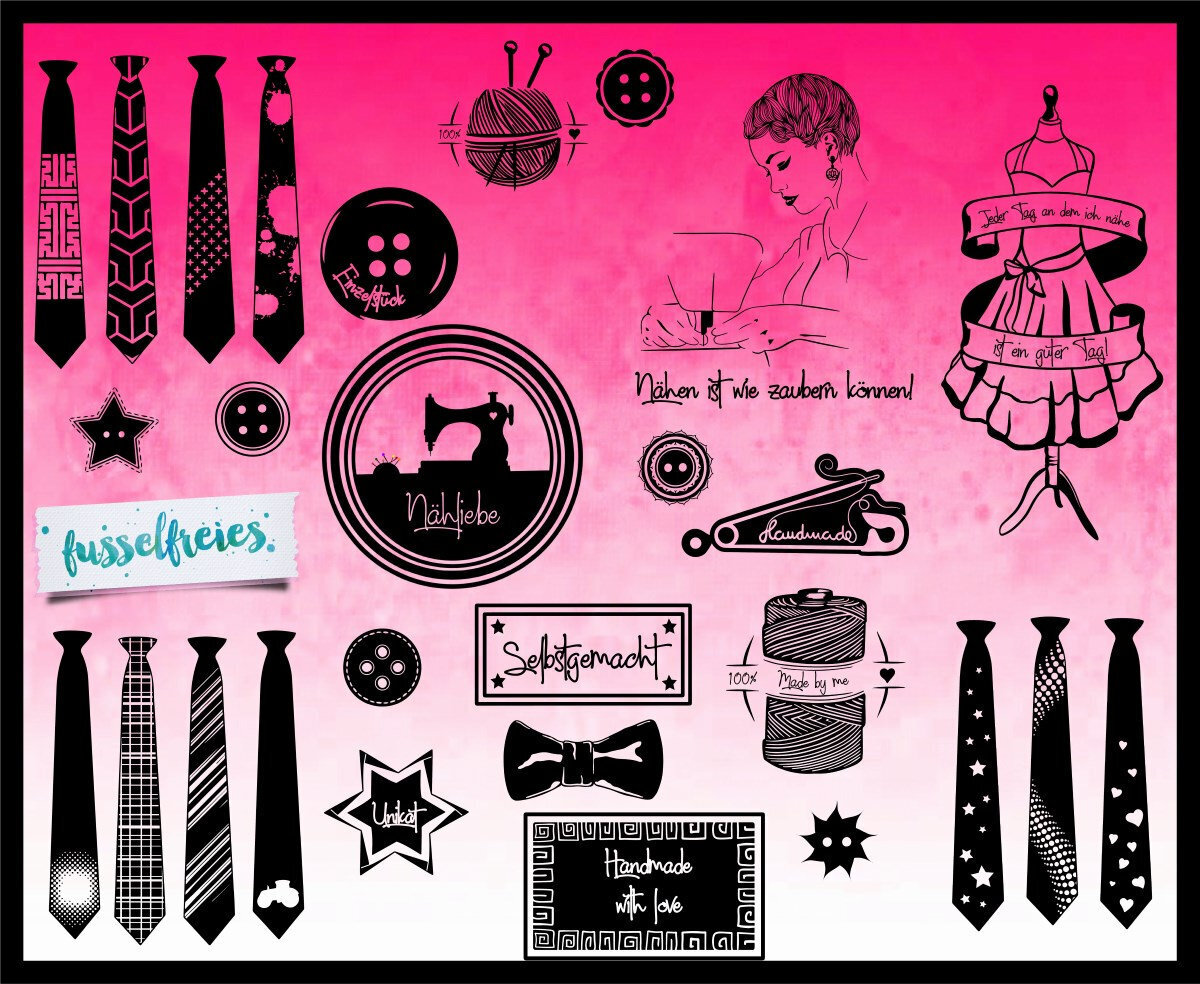 Design Serie Nähen &amp; Handmade Vol2 Plotterdatei DXF SVG Fusselfreies Nähmaschine Garn Schneiderpuppe Knopf Wollknäuel Fliege Krawatte Nadel
