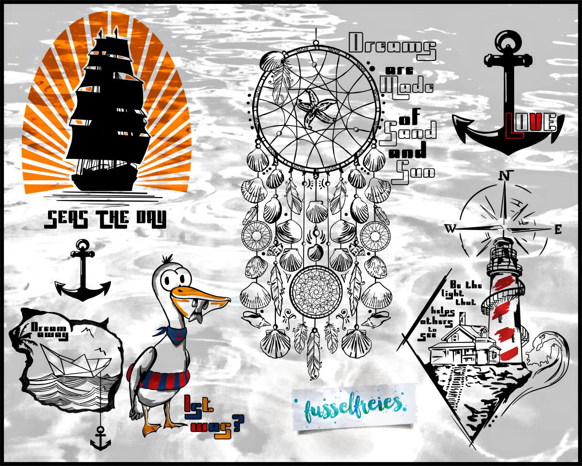 Maritim Vol6 Plotterdatei DXF SVG Anker, Traumfänger, Segelboot, Leuchtturm, Pelikan Papierschiffchen von Fusselfreies