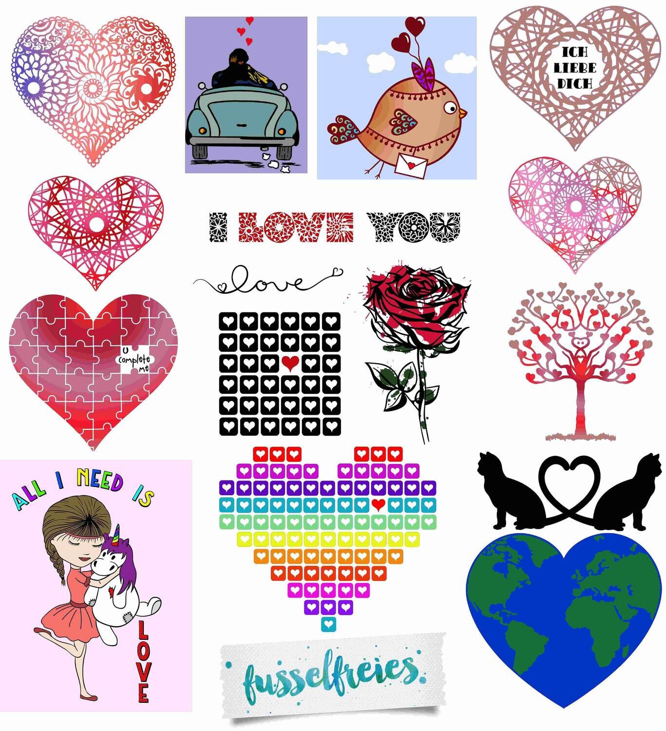 Valentine&#39;s Love (18 Designs) Plotterdatei DXF SVG Fusselfreies Valentinstag Liebe Blume Rose