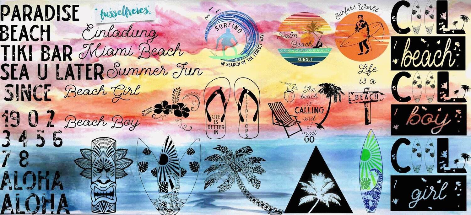 Aloha Beach 2017 Plotterdatei DXF SVG Fusselfreies Sommer Sonne Strand Hawaii Surfer Surfen Palmen Cocktail