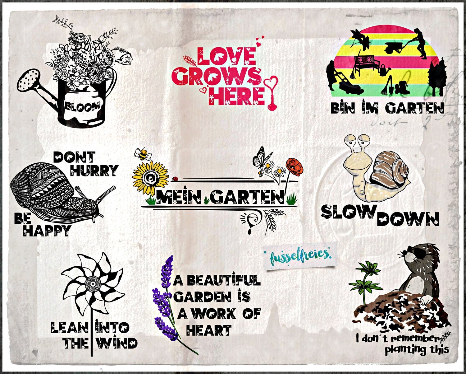 Im Garten - Plotterdatei DXF SVG Blumen, Kräuter, Maulwurf, Schnecke, Windrad, Gießkanne von Fusselfreies