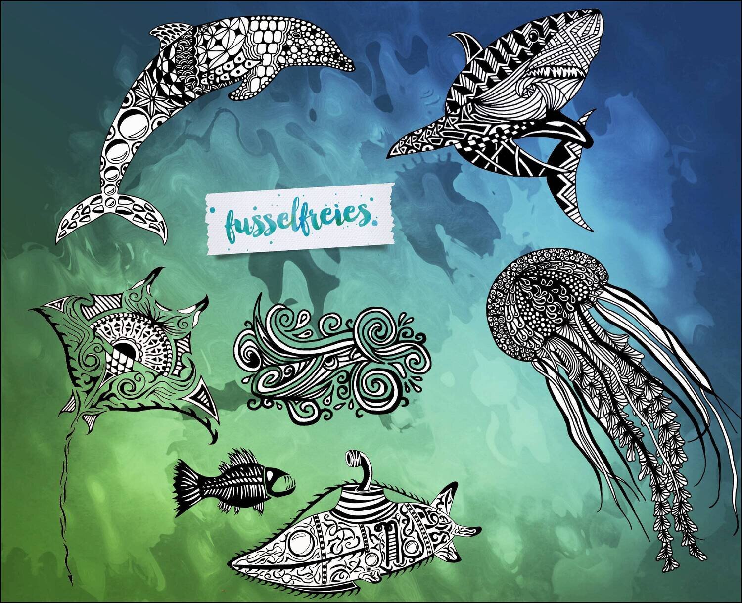 Design &quot;Under the Sea&quot; Vol 2 - Plotterdatei DXF SVG Hai Rochen Qualle U-Boot Delfin Piranha Welle Blasen Koralle Anemone