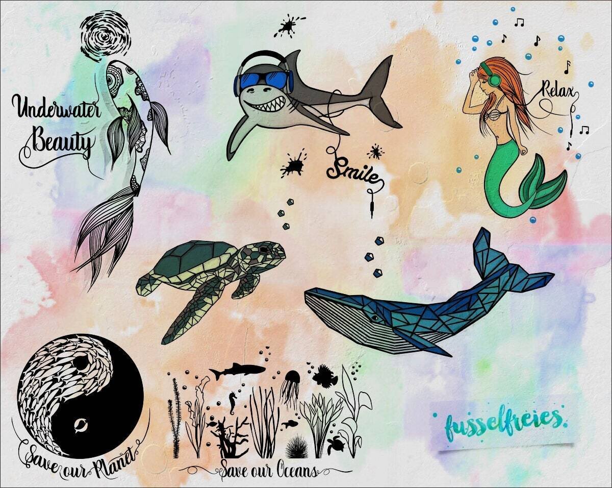 Under The Sea Vol5 - Plotterdatei DXF SVG Hai, Wal, Koi, Seeschildkröte, Meerjungfrau, Yin Yang, Fische von Fusselfreies