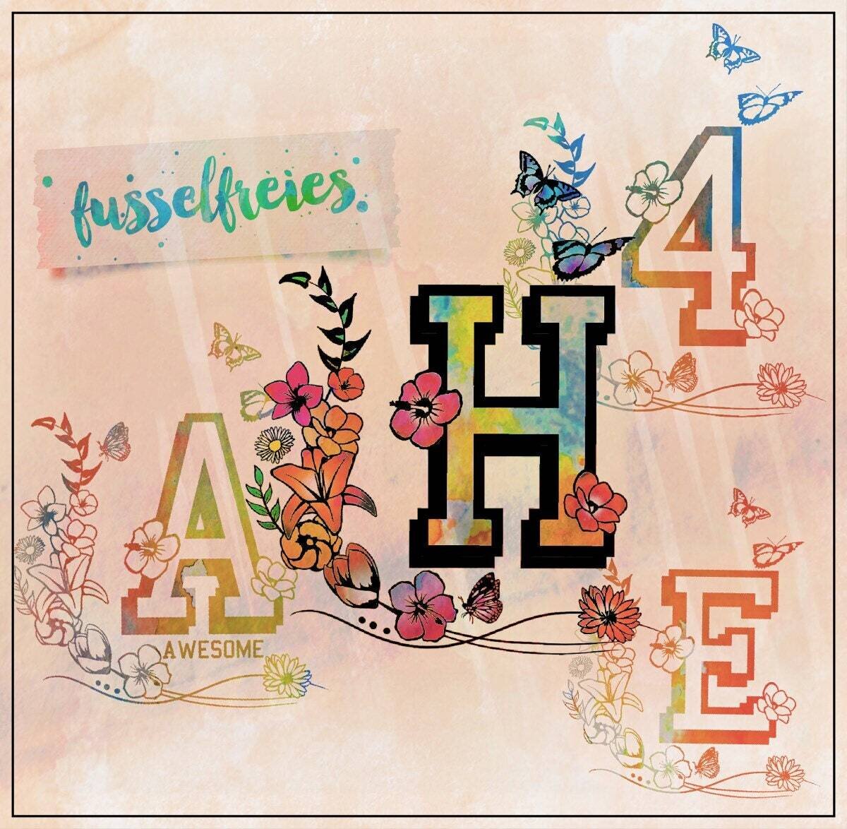 College Buchstaben Alphabet ABC mit Blüten und Schmetterlingen Plotterdatei DXF SVG von Fusselfreies
