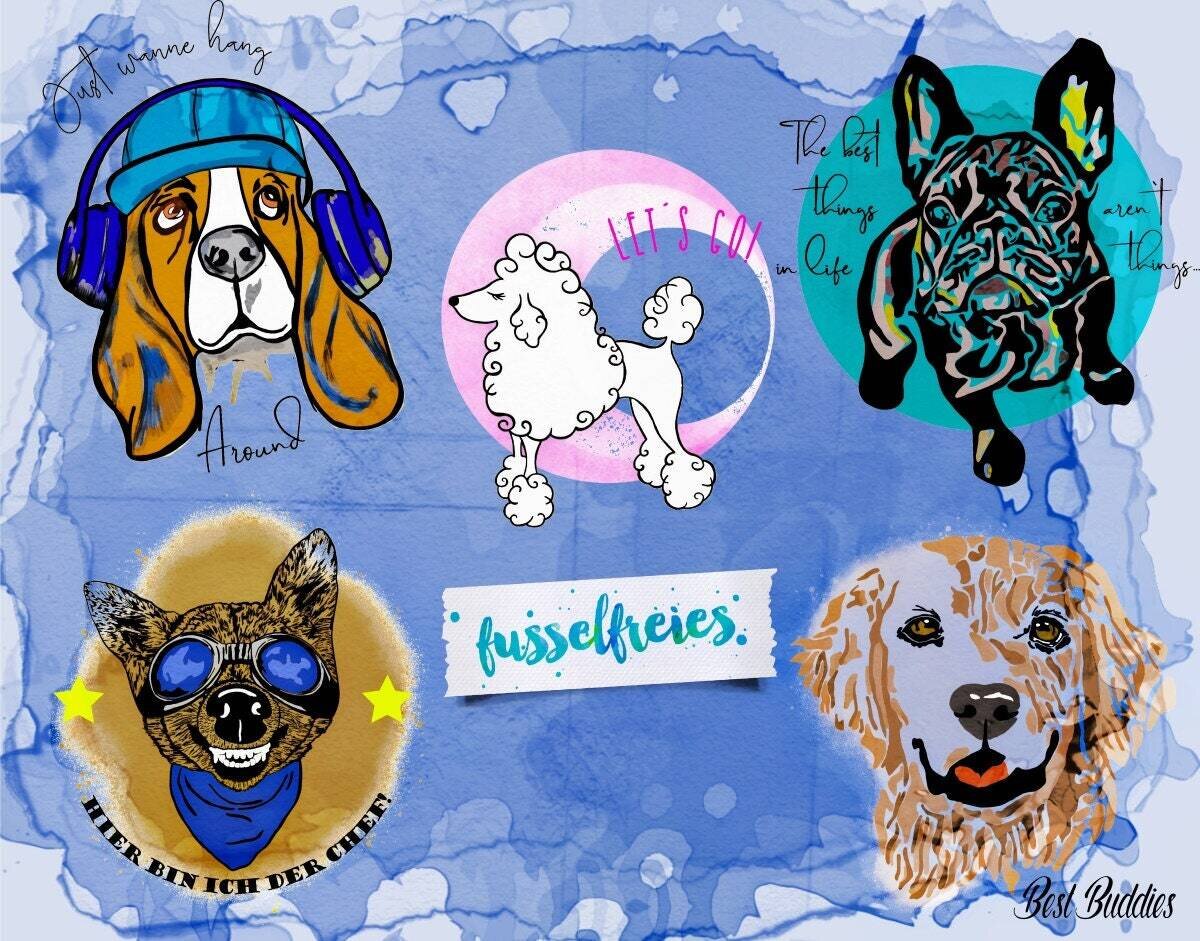 Design Serie Crazy Dogs - Verrückte Hunde Plotterdatei DXF SVG Fusselfreies Golden Retriever Basset Hound französische Bulldogge Pudel Promenadenmischung