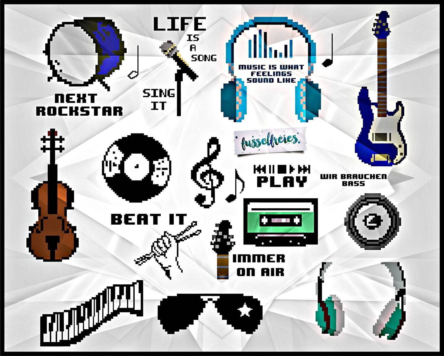Pixel Music Retro - Plotterdatei DXF SVG Kopfhörer, Gitarre, Kassette, Keyboard, Schallplatte, Trommel, Mikrofon, Lautsprecher  von Fusselfreies