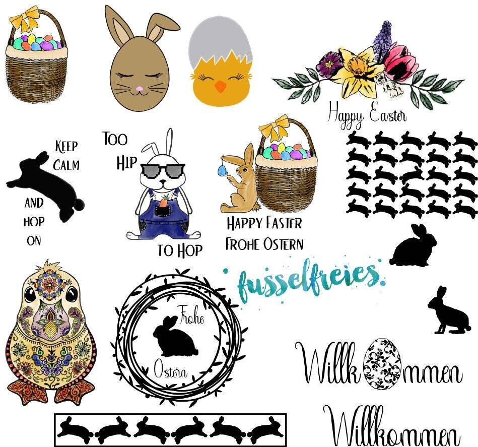 Design Serie Oster Designs 2018 Plotterdatei DXF SVG Fusselfreies Ostern Hase Häschen Osterhase Küken Ente Osterkorb HipHop Ostereier