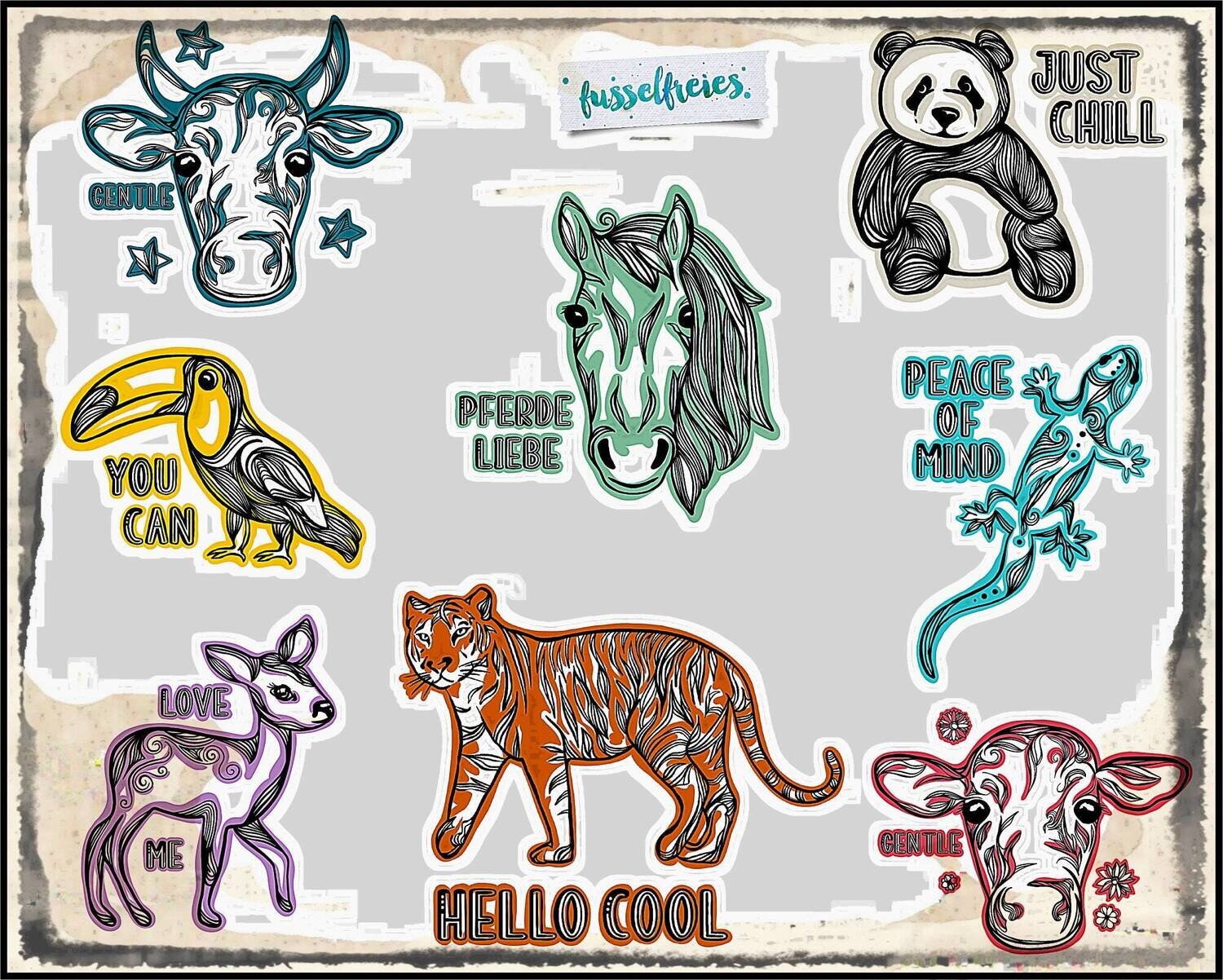 Minimals Vol2 Plotterdatei DXF SVG Tiger, Gecko, Kuh, Ochse, Pferd, Reh, Panda, Tukan von Fusselfreies