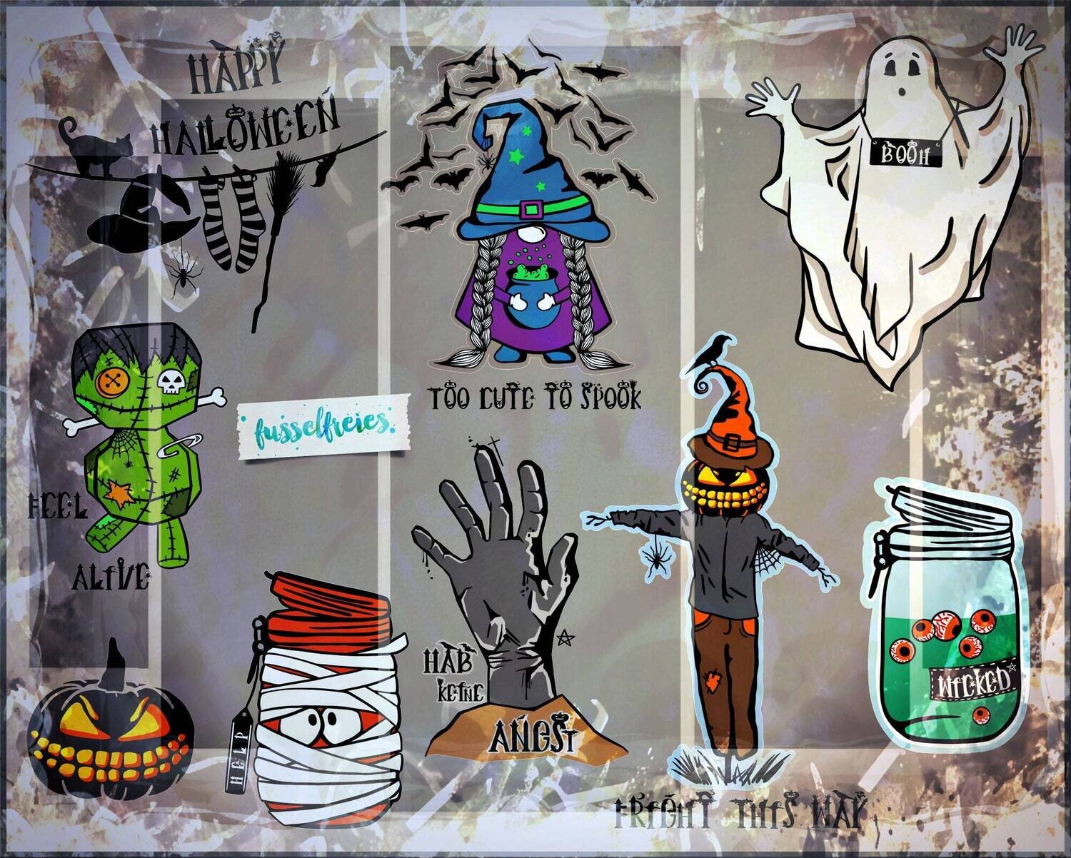 Gespenstisches Halloween Vol7 Plotterdatei DXF SVG  - Kürbis,  Voodoo Puppe / Monster, Hand, Grab, Vogelscheuche, Mumie, Katze, Gespenst