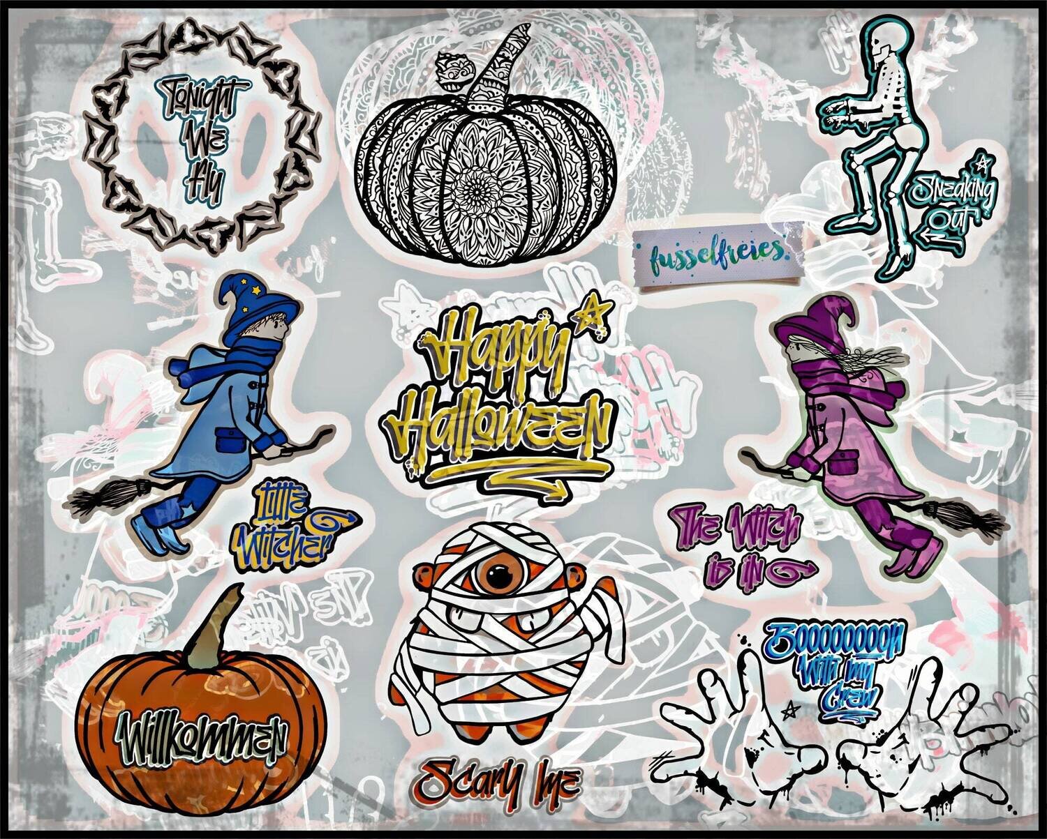 Gespenstisches Halloween Vol6 Plotterdatei DXF SVG Kürbis,  Voodoo Puppe / Monster, Hexe, Hexer, Fledermäuse