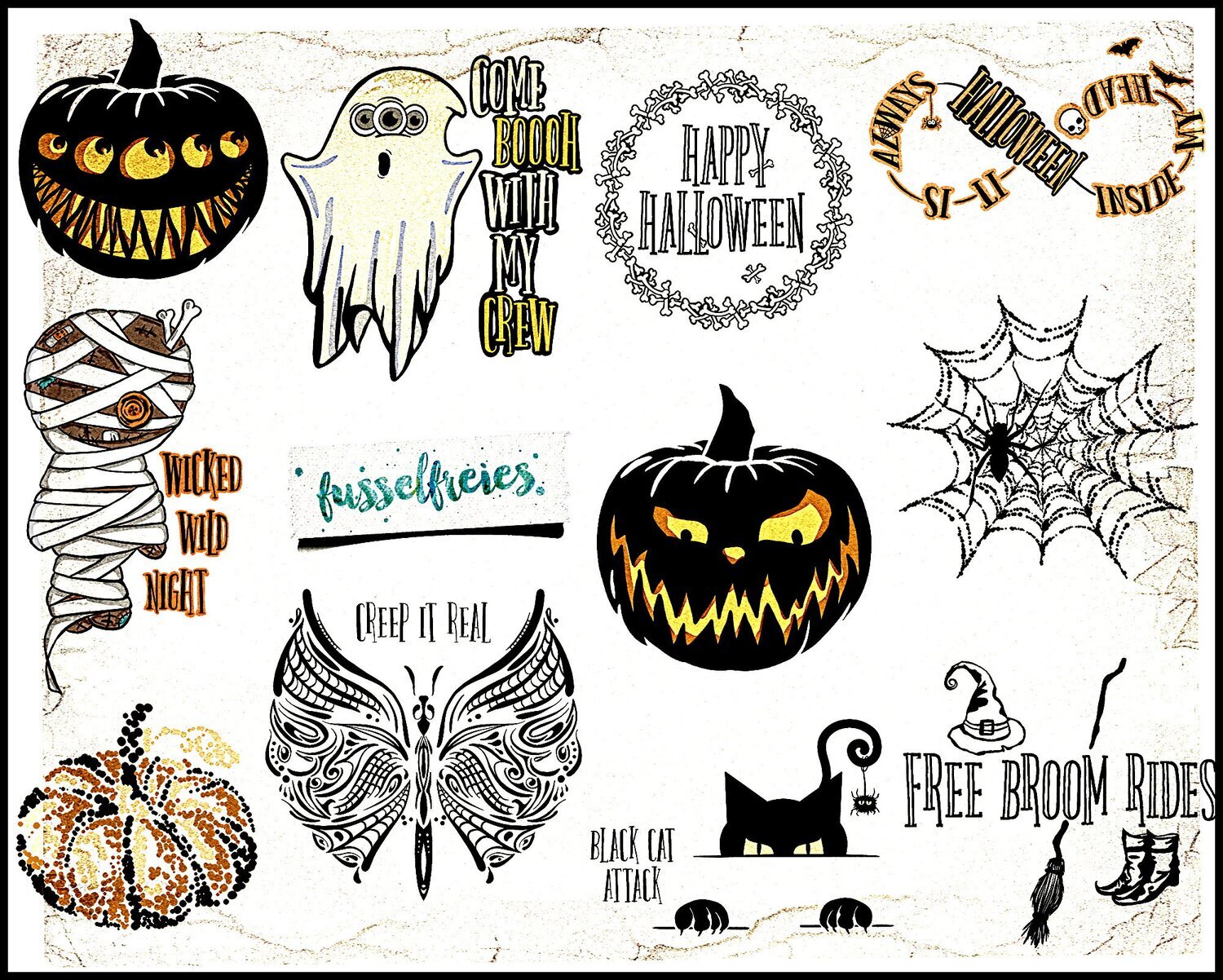 Gespenstisches Halloween Vol5 Plotterdatei DXF SVG Kürbis, Gespenst, Katze, Voodoo Puppe / Doll, Spinnennetz, Hexenbesen, Schmetterling