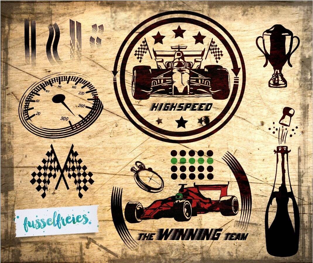 Design Serie RACE CARS - Rennwagen Plotterdatei DXF SVG Fusselfreies Grand Prix Reifenspuren Pokal Flagge Zielflagge Stoppuhr