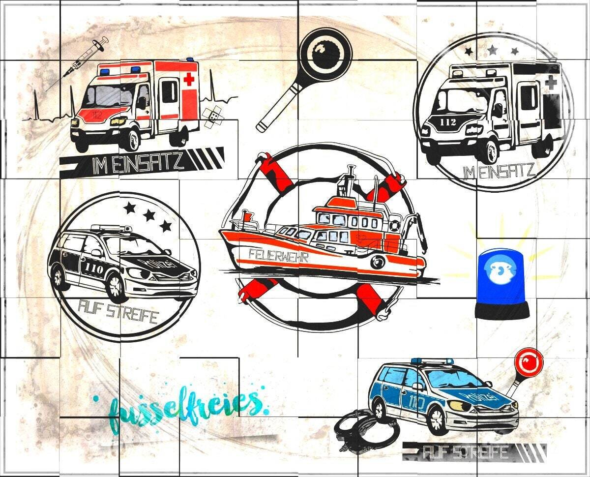 Krankenwagen Polizeiauto Feuerwehrschiff Plotterdatei DXF SVG Blaulicht Kelle Handschellen Plotterdatei DXF SVG Fusselfreies