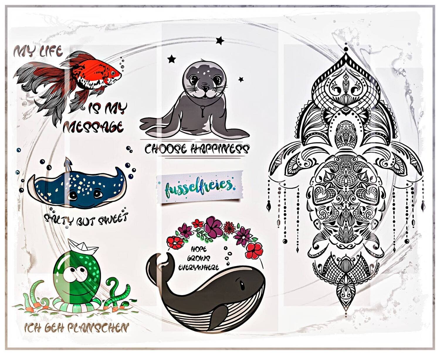 Under The Sea Vol7 Plotterdatei DXF SVG - Meeres Schildkröte, Wal, Krake, Robbe, Rochen, Goldfisch von Fusselfreies