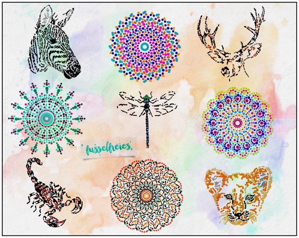 Dotted Animals &amp; Mandalas Vol2 - Plotterdatei DXF SVG Hirsch, Zebra, Skorpion, Libelle, Löwe, Mandalas von Fusselfreies