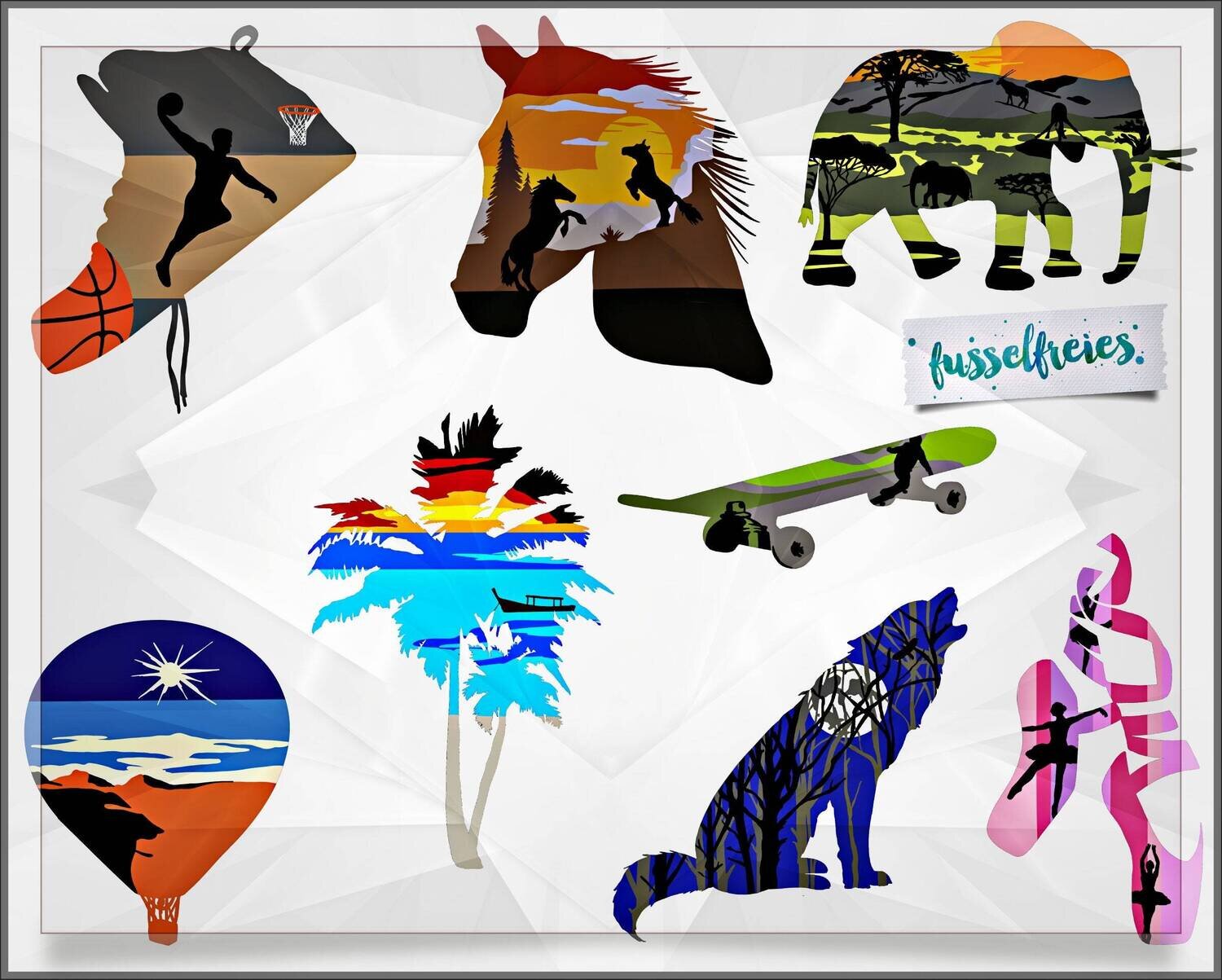 Silhouetten Fenster - Plotterdatei DXF SVG Ballet, Heißluftballon, Basketball, Elefant, Palme, Pferd, Skateboard, Wolf by Fusselfreies