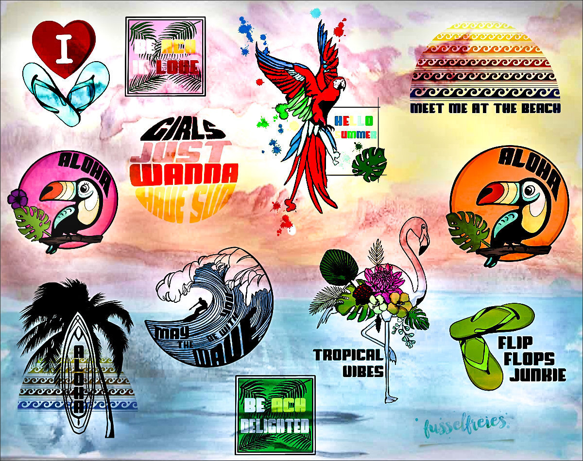 Aloha Beach 2019 - Plotterdatei DXF SVG Flamingo, Papagei, Tukan, Sommer, Sonne, Wellen, Meer, Surfbrett, Flip Flops, Palmen Fusselfreies