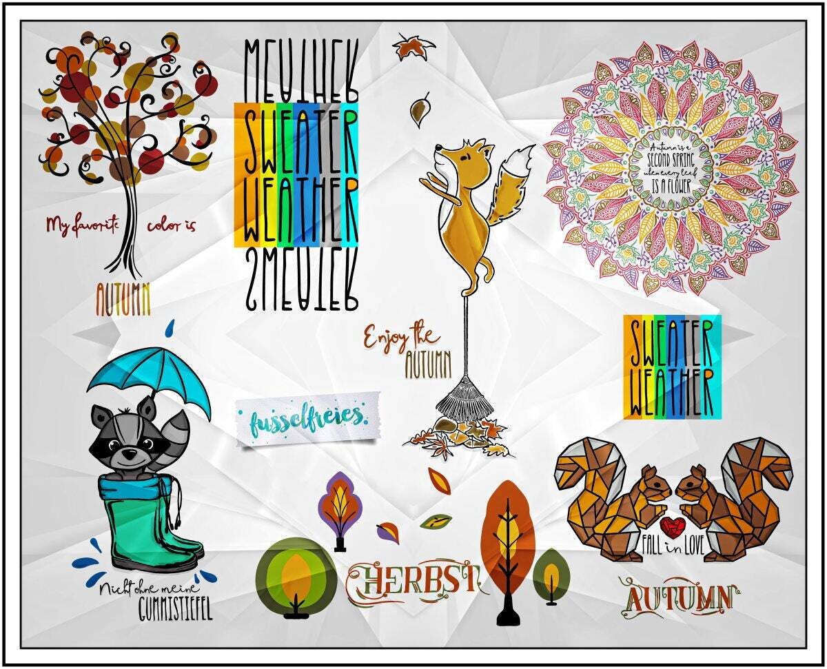 Herbst Zauber 2019 - Plotterdatei DXF SVG Eichhörnchen, Fuchs, Waschbär, Mandala, Blätter, Laub, Beanie, Gummistiefel von Fusselfreies