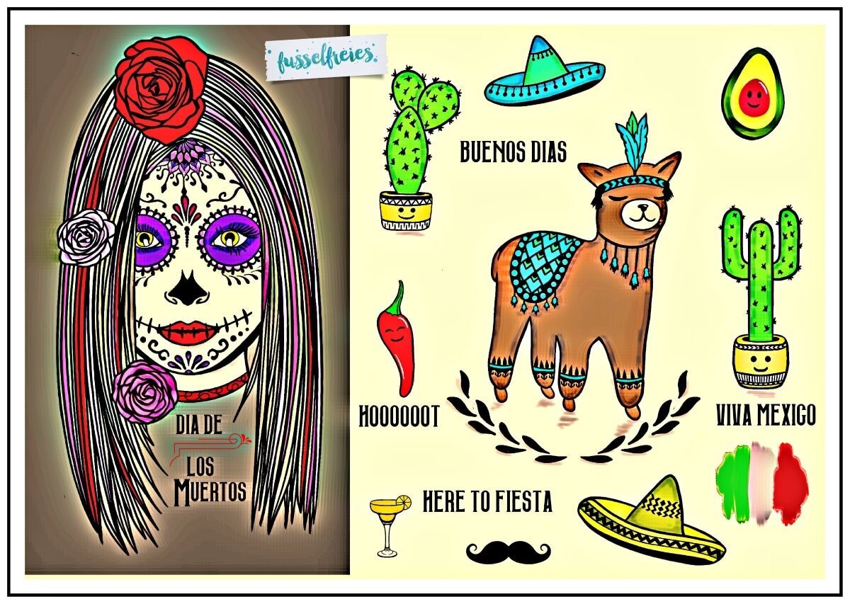 Design Serie Viva Mexico Plotterdatei DXF SVG Fusselfreies Mexiko Alpaka La Catrina Kaktus Chili Avocado Margarita Sombrero