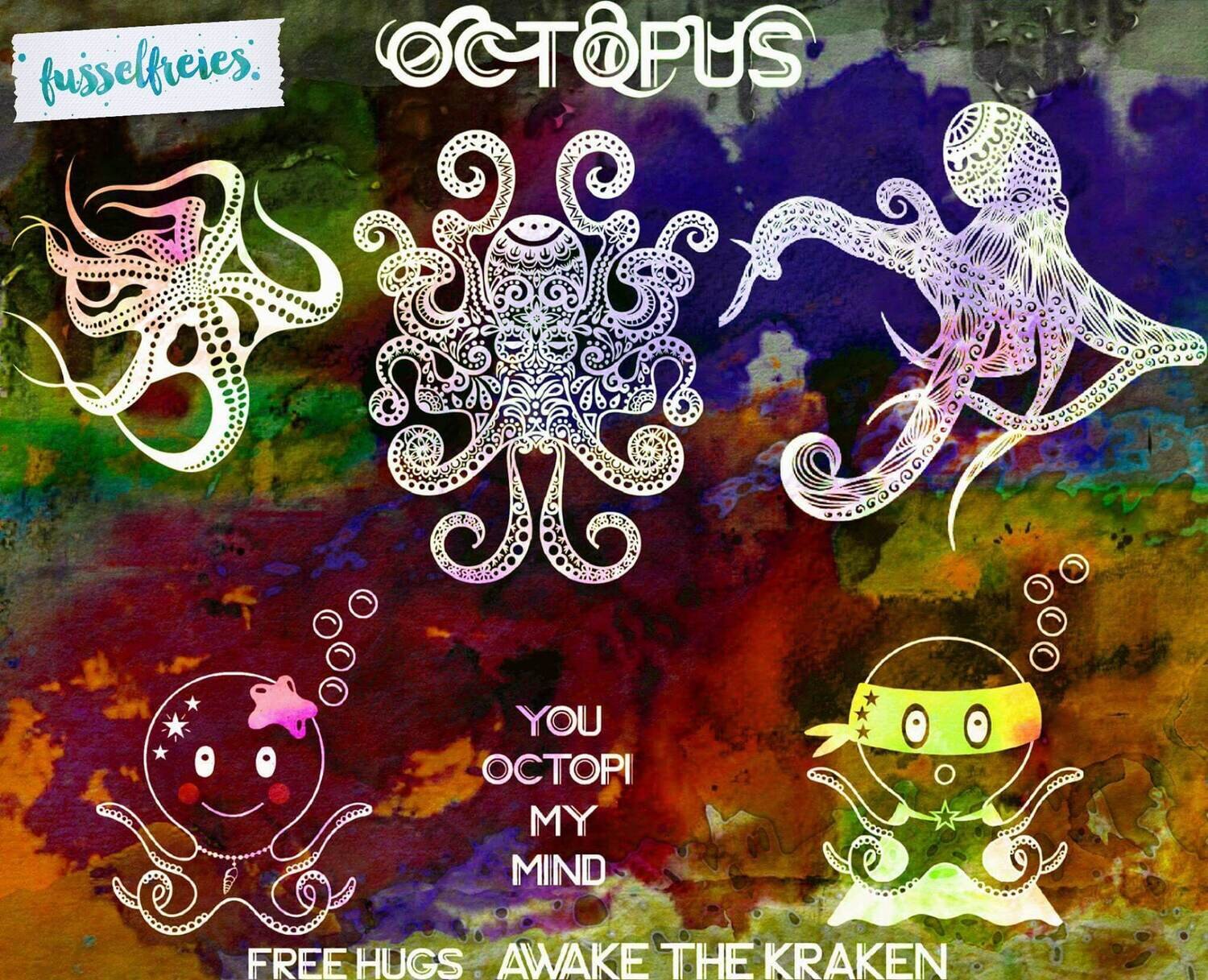 Design Serie Octopus Plotterdatei DXF SVG Fusselfreies Oktopus Krake Tintenfisch Meer Ozean Unterwasserwelt