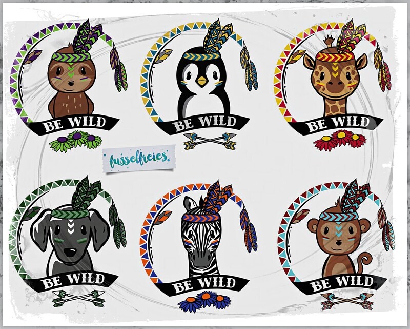 Boho Wildlinge Vol2 - Plotterdatei DXF SVG Hund, Giraffe, Zebra, Faultier, Pinguin und Affe Design Kombi-Serie