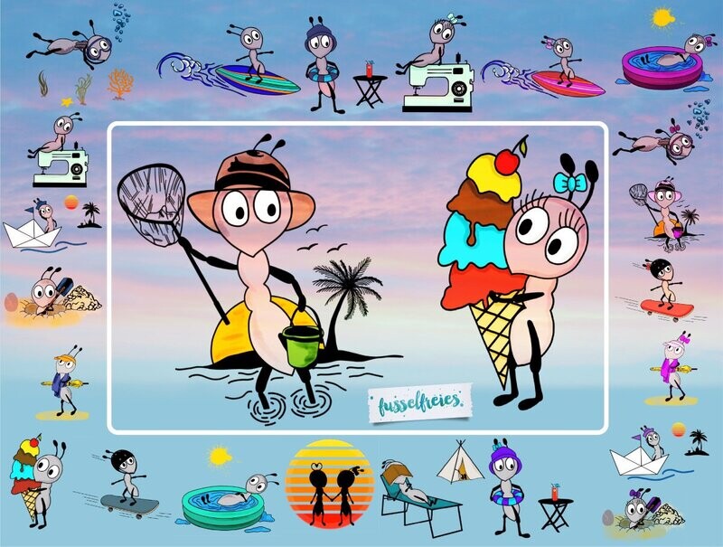 Anton &amp; Antonia im Sommer Plotterdatei DXF SVG Sommer, Sonne, Eis, Surfboard, Fusselfreies Ameise Ameisen