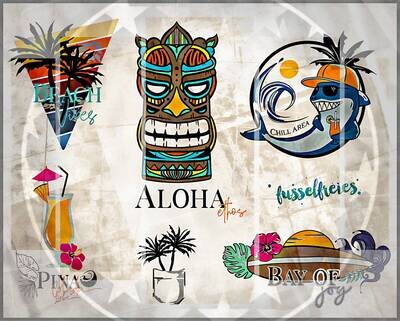 Aloha Beach 2022 Plotterdatei DXF SVG Hai,Strand,Sonne, Sommer, Palmen, Tiki Maske, Pina Colada, Surfboard, Surfen, Sonnenschein, Cocktail