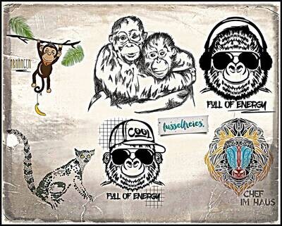 Design Affen Parade - Gorilla, Pavian, Orang Utan, Katta, Schimpanse Plotterdatei DXF SVG von Fusselfreies