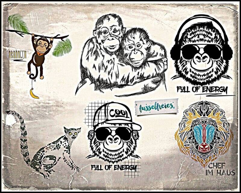 Design Affen Parade - Gorilla, Pavian, Orang Utan, Katta, Schimpanse Plotterdatei DXF SVG von Fusselfreies