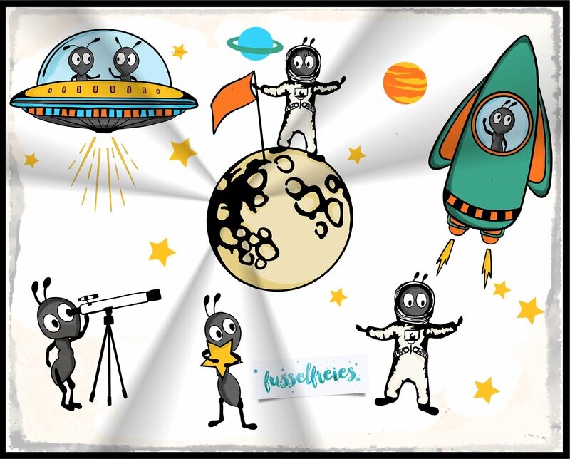 Anton &amp; Antonia im Weltall - Plotterdatei DXF SVG Weltraum Comic, Mond, Rakete, Planeten, Sterne, UFO, Die lustigen Ameisen von Fusselfreies