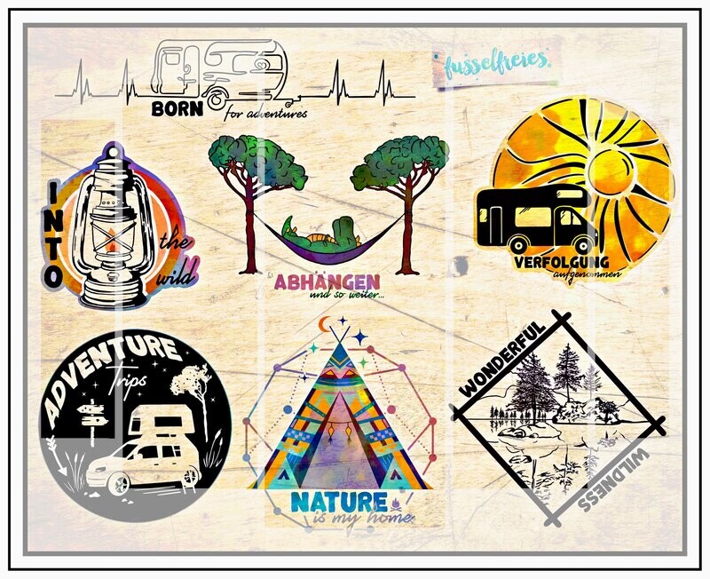 Camping &amp; Outdoor Wildlife Vol2 Plotterdatei DXF SVG Campen, Wohnwagen, Wohnmobil, Hängematte, Zelt, Dachzelt, Dino, See, Laterne von Fusselfreies