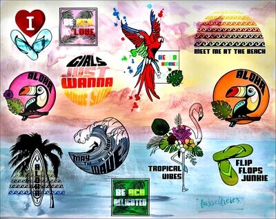 Aloha Beach 2019 - Plotterdatei DXF SVG Flamingo, Papagei, Tukan, Sommer, Sonne, Wellen, Meer, Surfbrett, Flip Flops, Palmen Fusselfreies