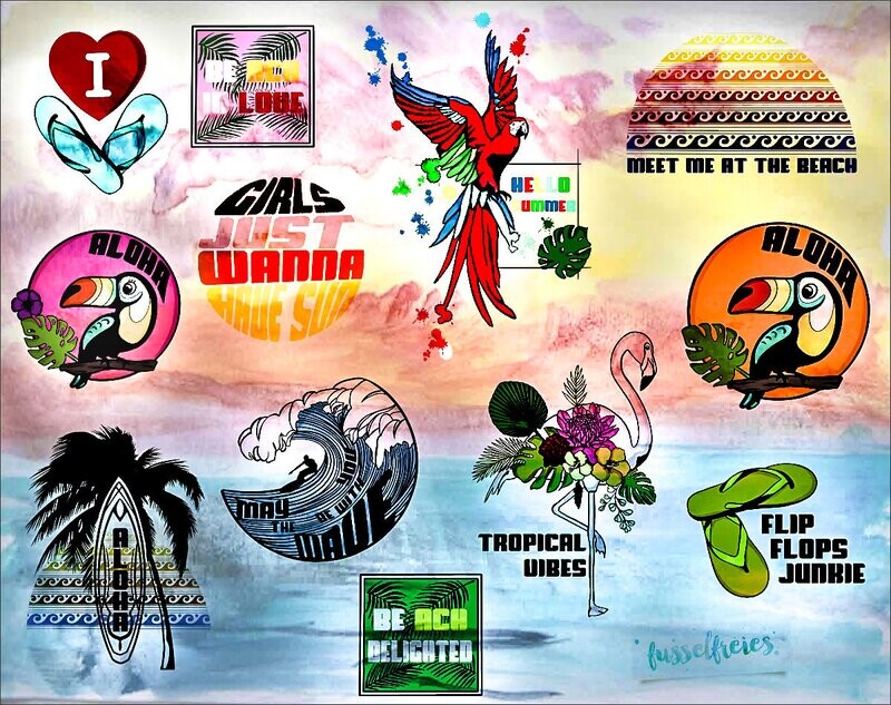 Aloha Beach 2019 - Plotterdatei DXF SVG Flamingo, Papagei, Tukan, Sommer, Sonne, Wellen, Meer, Surfbrett, Flip Flops, Palmen Fusselfreies