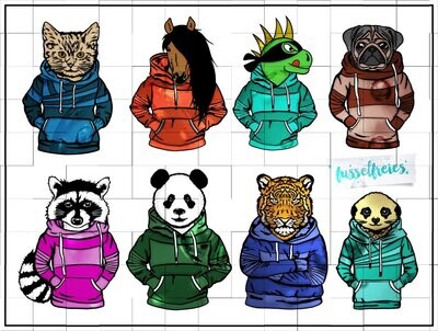 Hoodie Animals - Plotterdatei Plottervorlage DXF SVG Dino Waschbär Panda Mops Tiger Erdmännchen Pferd Katze in Hoodies MiniMe und Fuzzle