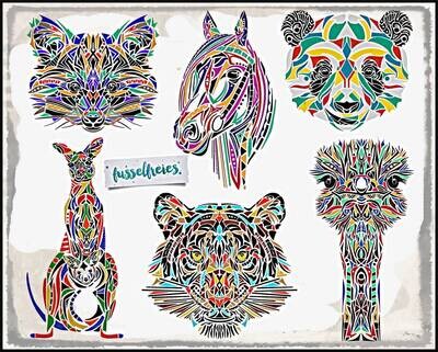 Kunterbunte Tierwelt Plotterdatei DXF SVG von Fusselfreies - Tiger, Pferd, Vogel Strauß, Känguru, Waschbär, Panda