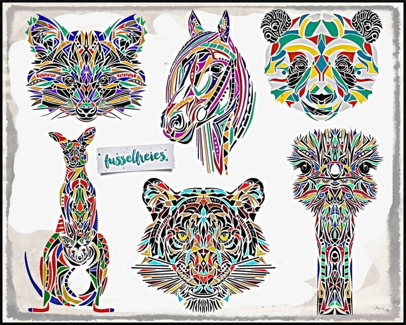 Kunterbunte Tierwelt Plotterdatei DXF SVG von Fusselfreies - Tiger, Pferd, Vogel Strauß, Känguru, Waschbär, Panda