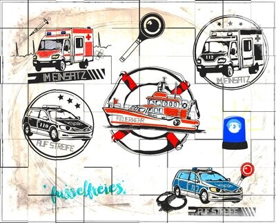Kombi-Serie Rettungsfahrzeuge + Feuerwehr Plotterdatei DXF SVG Leiterwagen Polizeiauto Krankenwagen Feuerwehrauto Blaulicht DXF SVG