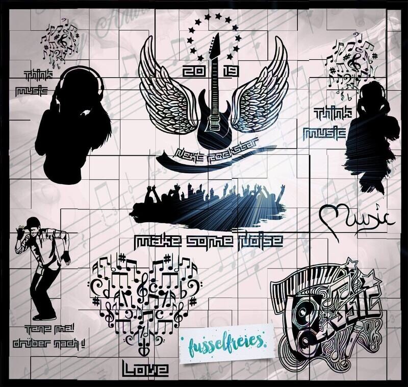 Kombi-Serie Music Love Vol 1 + Vol 2 + Vol3 Plotterdatei DXF SVG Gitarre Schlagzeug Kopfhörer Keyboard Kassette Schallplatte  Drums